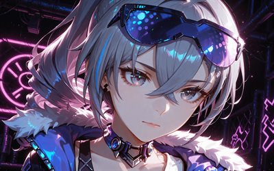 4k, silberner wolf, lila neonlichter, dunkelheit, honkai star rail, kunstwerk, anime charaktere, manga, honkai star rail charaktere, silver wolf honkai star rail