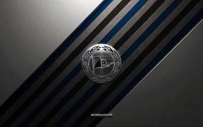 Arminia Bielefeld logo, 4k, steel background, German football club, blue white lines, Arminia Bielefeld emblem, Bundesliga 2, Arminia Bielefeld, Germany, football, Arminia Bielefeld metal logo