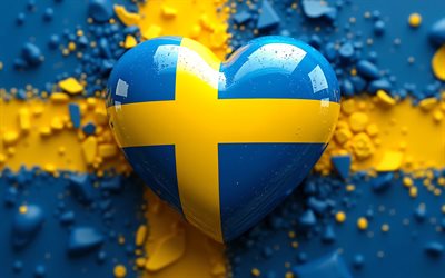 amo suecia, 4k, macro, fondo colorido 3d, bokeh, dia de suecia, bandera de suecia, corazón con bandera sueca, obra de arte, corazones 3d, bandera sueca, suecia, amor por suecia