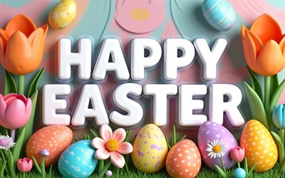 joyeuses pâques, 4k, fond coloré, oeufs de pâques, lettres 3d blanches, fleurs, art abstrait, décorations de pâques, milieux de pâques, inscription joyeuses pâques, pâques