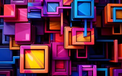 figuras coloridas en 3d, 4k, prismas, cubos, fondo colorido 3d, paralelepípedos, patrones 3d, fondos 3d, formas geométricas, geometría, creativo, fondos abstractos oscuros, figuras geométricas