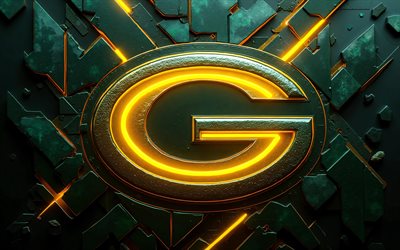 4k, logo métallique des packers de green bay, néons jaunes, fond vert 3d, nfl, football américain, créatif, logo des packers de green bay, emblème des packers de green bay, équipe de football américain, packers de green bay