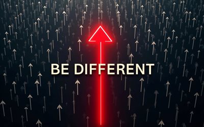4k, Be different, darkness, red neon arrow, artwork, Be different concepts, creative, arrows patterns, Be different inscription, Be different art