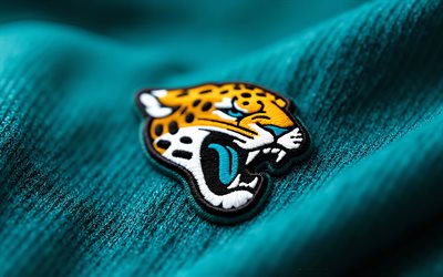 Jacksonville Jaguars fabric logo, 4k, turquoise fabric background, metal art, Jacksonville Jaguars emblem, USA, Jacksonville Jaguars, American football, Jacksonville Jaguars logo, NFL