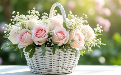 panier blanc avec roses rose clair, 4k, fleurs de printemps, roses rose clair, roses blanches, panier en osier blanc, bouquet de roses rose clair, printemps, roses, panier avec des roses