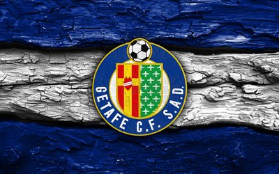 logo en bois getafe cf, 4k, fond en bois blanc bleu, liga, football, logo getafe cf, emblème du getafe cf, fc getafe, la liga, club de football espagnol, getafe cf