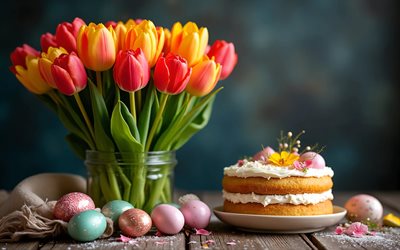 frohe ostern, 4k, ostereier, bunte tulpen, osterkuchen, bokeh, osterdekorationen, osterhasen, osterhintergründe, ostern