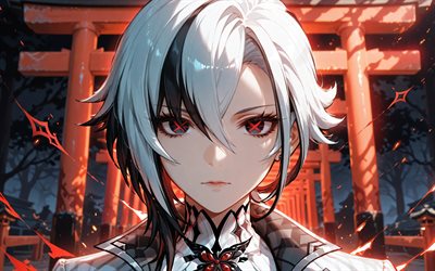 4k, arlequín, resplandor rojo, impacto de genshin, puerta torii, ojos rojos, oscuridad, torii, personajes de anime, obra de arte, noche, personajes de impacto de genshin, impacto de arlequín genshin