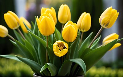 4k, yellow tulips, bokeh, spring flowers, bouquet of tulips, beautiful flowers, buds, spring, close-up, background with tulips, yellow flowers, yellow buds, tulips