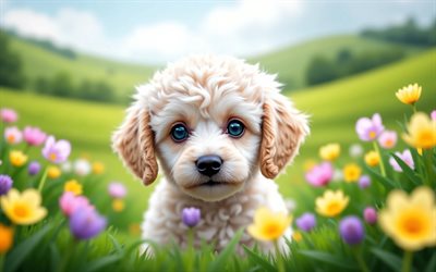 पूडल पिल्ला, 4k, वसंत, bokeh, कुत्ते, प्यारे जानवर, पिल्लों, पालतू जानवर, पूडल, वसंत के फूल, लॉन पर पिल्ला, पूडल कुत्ता