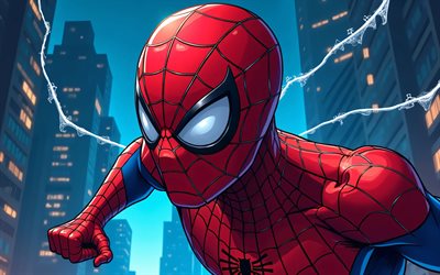 الرجل العنكبوت, 4k, comnighscape, شبكة العنكبوت, الأبطال الخارقين, المباني, مارفيل كوميكس, الفن التجريدي, فن الرجل العنكبوت, عمل فني, الرجل العنكبوت 4k