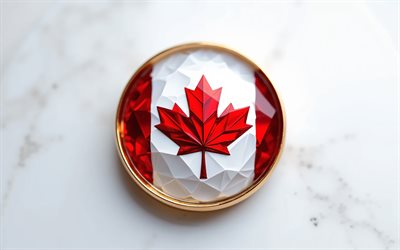 علم كندا, 4k, العلم الكندي داخل حجر كريم, خلفية بيضاء, الأحجار الكريمة, خلفية كريستال بيضاء, كندا, العلم الكندي
