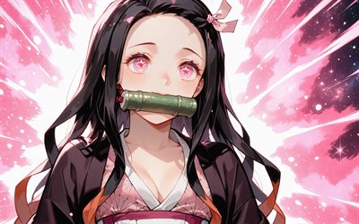 4k, Nezuko Kamado, pink glow, Demon Slayer, pink abstract background, kimono, protagonist, Demon Slayer Kimetsu no Yaiba, green bamboo gag, manga, Kamado Nezuko, Demon Hunter, Nezuko Kamado Kimetsu no Yaiba