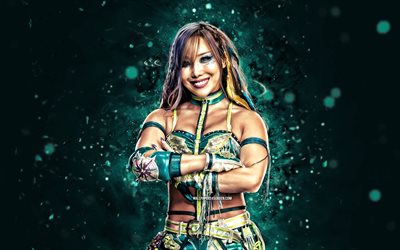 Kairi Sane, 4k, turquoise neon lights, WWE, creative, Japanese wrestler, turquoise abstract background, World Wrestling Entertainment, wrestlers, Kairi Sane 4K