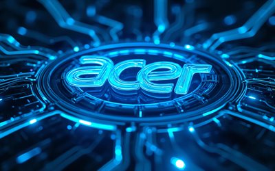 4k, blaues neon logo von acer, digitale kunst, dunkelheit, blaue high tech hintergründe, bokeh, acer glas logo, acer 3d logo, kunstwerk, leuchtendes acer logo, acer logo, elektronikmarken, acer