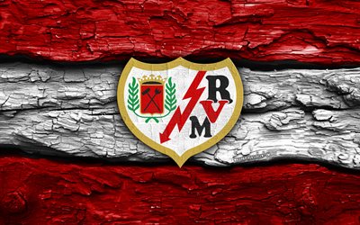 rayo vallecano holzlogo, 4k, rot weißer holzhintergrund, laliga, fußball, rayo vallecano logo, rayo vallecano emblem, rayo vallecano fc, la liga, spanischer fußballverein, rayo vallecano