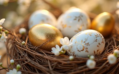 golden Easter eggs in a nest, 4k, Easter decorations, Happy Easter, Easter eggs, evening, sunset, Easter concepts, Easter