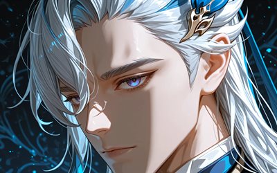 4k, neuvillette, de cerca, fondo abstracto azul, impacto de genshin, violinista, personajes de anime, obra de arte, personajes de impacto de genshin, impacto de neuvillette genshin