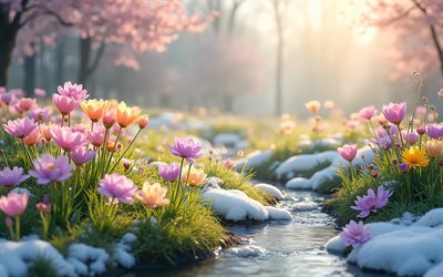 4k, الأشجار المزهرة, زهور الربيع الوردية, تيار في الغابة, ذوبان الثلوج, زهور الربيع, شمس مشرقة, صحوة الطبيعة, خوخه, صور مع الزعفران, غابة, ربيع, الزعفران, زهور جميلة
