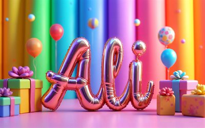 4k, 알리, 다채로운 풍선 편지, 알리 이름, 창의적인, 알리 생일, 인기있는 미국 남자 이름, 화려한 배경, 알리 생일 축하해, 알리라는 이름의 사진