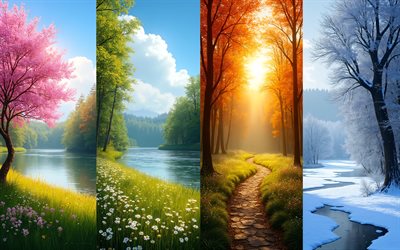 cuatro estaciones, 4k, primavera verano otoño invierno arte, 4 estaciones, conceptos de las cuatro estaciones, primavera verano otoño invierno, primavera, verano, otoño, invierno