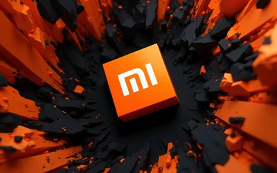 Xiaomi 3D logo, 4k, black orange backgrounds, bokeh, electronics brands, Xiaomi orange logo, creative, Xiaomi logo, brands, Xiaomi