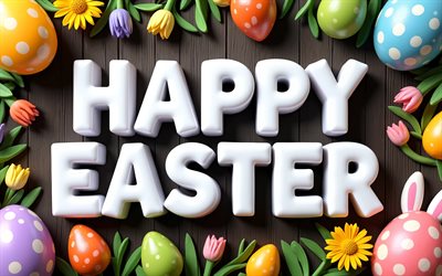 felices pascuas, 4k, letras blancas 3d, fondo de madera, marcos de pascua, huevos de pascua, flores, decoraciones de pascua, fondos de pascua, inscripción feliz pascua, pascua de resurrección
