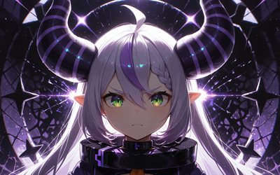 4k, laplus, fond grunge violet, obscurité, youtubeur virtuel, portrait, hololive, vtuber, yeux verts, la ténèbres, mangas, chaîne laplus, youtubeur virtuel laplus