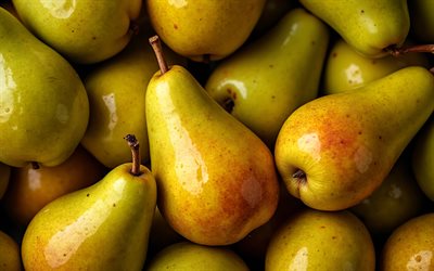 4k, peras verdes, de cerca, frutas frescas, bokeh, peras premium, frutas maduras, peras maduras, fondo con peras, frutas, peras