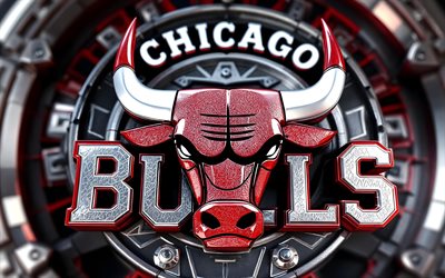 4k, logotipo metálico de los chicago bulls, bokeh, nba, baloncesto, fondo metálico 3d, logotipo 3d de los toros de chicago, creativo, emblema de los toros de chicago, logotipo de los toros de chicago, equipo de baloncesto americano, toros de chicago