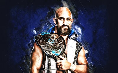Tommaso Ciampa, WWE, American wrestler, blue stone background, WWE Champion, grunge art, USA, wrestling, Tommaso Whitney, Tommaso Ciampa WWE, World Wrestling Entertainment