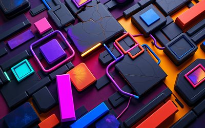 4k, bunte 3d figuren, geometrie, prismen, würfel, bunter 3d hintergrund, parallelepipede, materialdesign, 3d muster, 3d hintergründe, geometrische formen, kreativ, dunkle abstrakte hintergründe, geometrische figuren