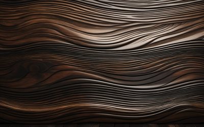 4k, texture en bois marron, textures naturelles, vagues de bois 3d, bois dur, vagues en bois, textures en bois, fond en bois marron, texture en bois ondulée
