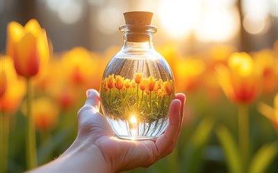 Spring in hand, orange tulips inside a glass bottle, orange tulips, spring landscape, spring concepts, spring landscape inside glass bottles, spring, evening, sunset, tulips