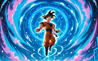 4k, son gokú, vórtice abstracto azul, bola de dragón, personajes de dragon ball de son goku, son goku volador, manga, dragon ball súper, creativo, personajes de dbs, son goku dbs
