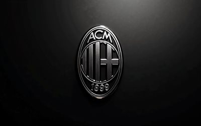 logo en acier de l'ac milan, fond de métal noir, plaque en acier de l'ac milan, emblème de l'ac milan, logo de l'ac milan, football, série a, italie, milan ac