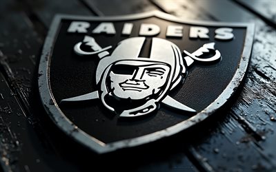 logotipo de acero de los raiders de las vegas, macro, 4k, fondo de metal negro, arte de acero, difuminar, emblema de los raiders de las vegas, eeuu, asaltantes de las vegas, fútbol americano, logotipo de los raiders de las vegas, nfl