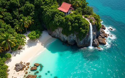 Cliff house, tropical island, aerial view, palm trees, beach, summer, paradise, waterfall on the shore, cliffs, luxurious bay, summer travel, islands, ocean
