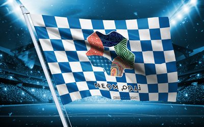 4k, Neom SC logo, Saudi football club, stadium flag, Neom SC fans flag, blue white flag, Neom SC emblem, Saudi Pro League, Saudi Arabia, football, Neom SC, Neom Sports Club