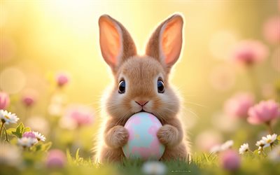 lapin de pâques avec un œuf dans les pattes, 4k, joyeuses pâques, soirée, coucher de soleil, lapin de pâques, décorations de pâques, concepts de pâques, oeufs de pâques, lapin mignon