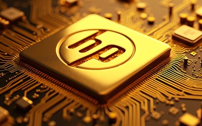 Hewlett-Packard gold metal logo, 4k, gold digital background, HP symbol, Hewlett-Packard gold emblem, Hewlett-Packard, HP gold metal logo, HP sign, HP emblem, HP