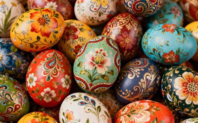 süslü paskalya yumurtaları, 4k, çiçek süsleri, kapatmak, mutlu paskalyalar, altın süsler, paskalya yumurtaları, paskalya süsleri, paskalya arka planları, paskalya