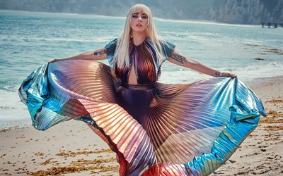 Lady Gaga, 4K, American singer, photoshoot, beach, beautiful dress, Stefani Joanne Angelina Germanotta, Lady Gaga photoshoot
