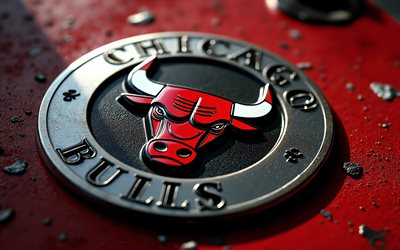 logotipo metálico de los chicago bulls, 4k, nba, logotipo de los toros de chicago, emblema de los toros de chicago, eeuu, toros de chicago, fondo de metal negro rojo, baloncesto