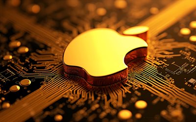 Apple gold metal logo, 4k, gold motherboard, Apple gold emblem, Apple sign, Apple logo, gold technology background, Apple