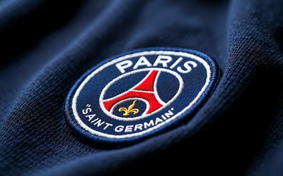 4k, पेरिस सेंट जर्मेन, पीएसजी लोगो, नीले कपड़े की पृष्ठभूमि, पीएसजी फैब्रिक लोगो, पीएसजी प्रतीक, पीएसजी चिन्ह, लीग 1, फ्रांस, पेरिस सेंट जर्मेन लोगो, पीएसजी