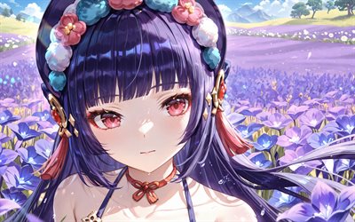 yun jin, 4k, campo de flores, impacto de genshin, verano, flores violetas, personajes de anime, ojos rojos, personajes de impacto de genshin, impacto de yun jin genshin