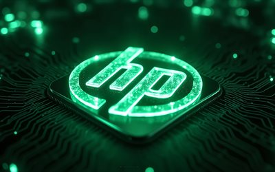 HP green glitter glass logo, 4k, Hewlett-Packard glitter green logo, background with HP logo, Hewlett-Packard, Hewlett-Packard logo, HP sign, HP green glitter emblem, HP logo, technology background, HP