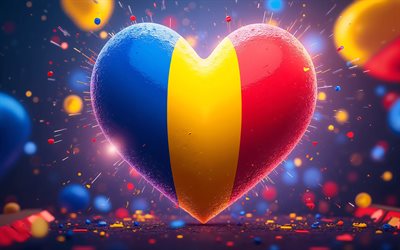 ich liebe rumänien, 4k, digitale kunst, bunter abstrakter hintergrund, bokeh, tag rumäniens, flagge rumäniens, herz mit rumänischer flagge, rumänische flagge, rumänien, liebe zu rumänien