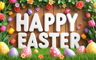4k, Happy Easter, green grass, white 3D letters, wooden background, Easter frames, Easter eggs, cartoon art, flowers, Easter decorations, Easter backgrounds, Happy Easter inscription, Easter